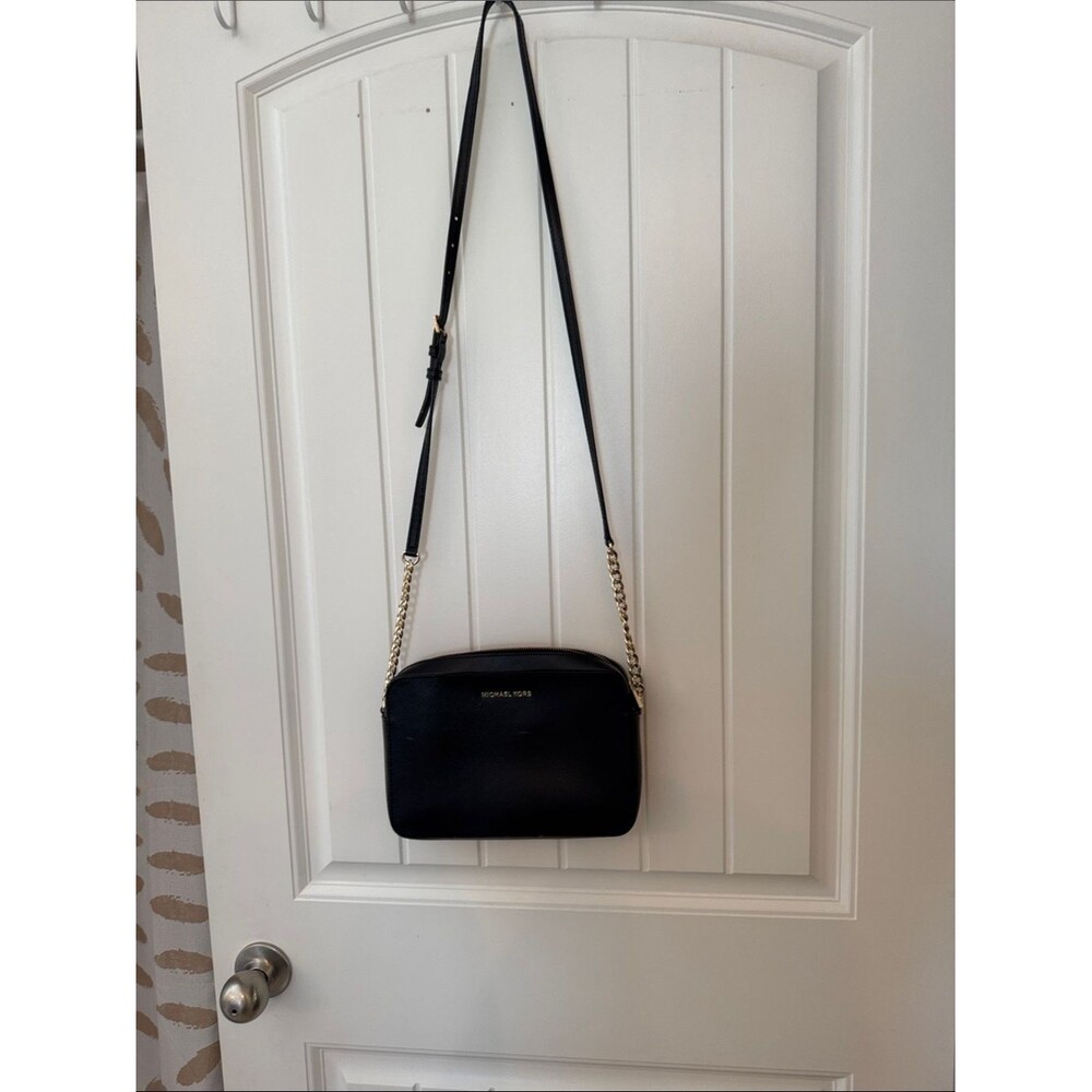 Michael Kors Black Leather Crossbody with Gold Chain Strap